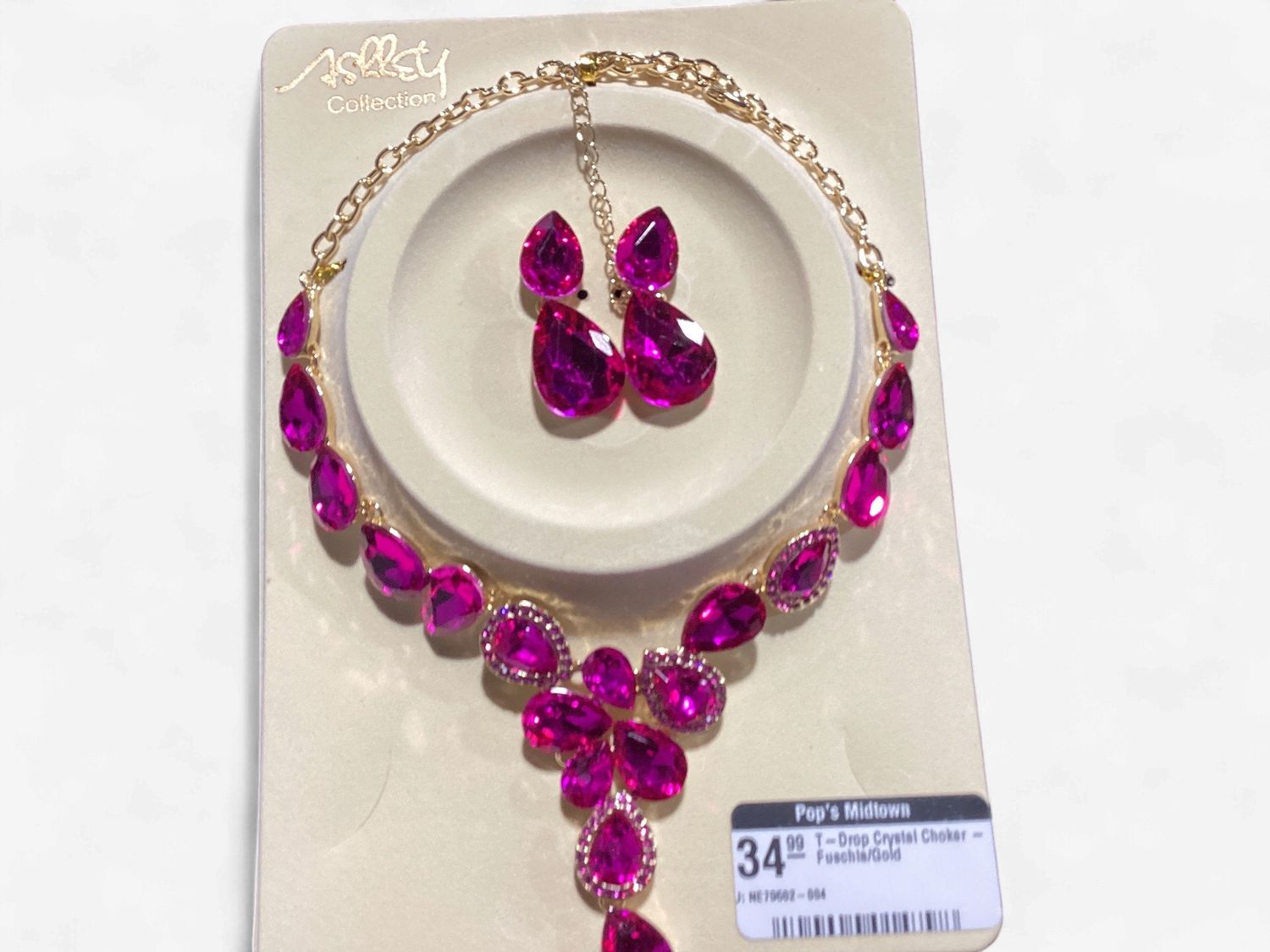 T-Drop Crystal Choker - Fuschia/Gold
