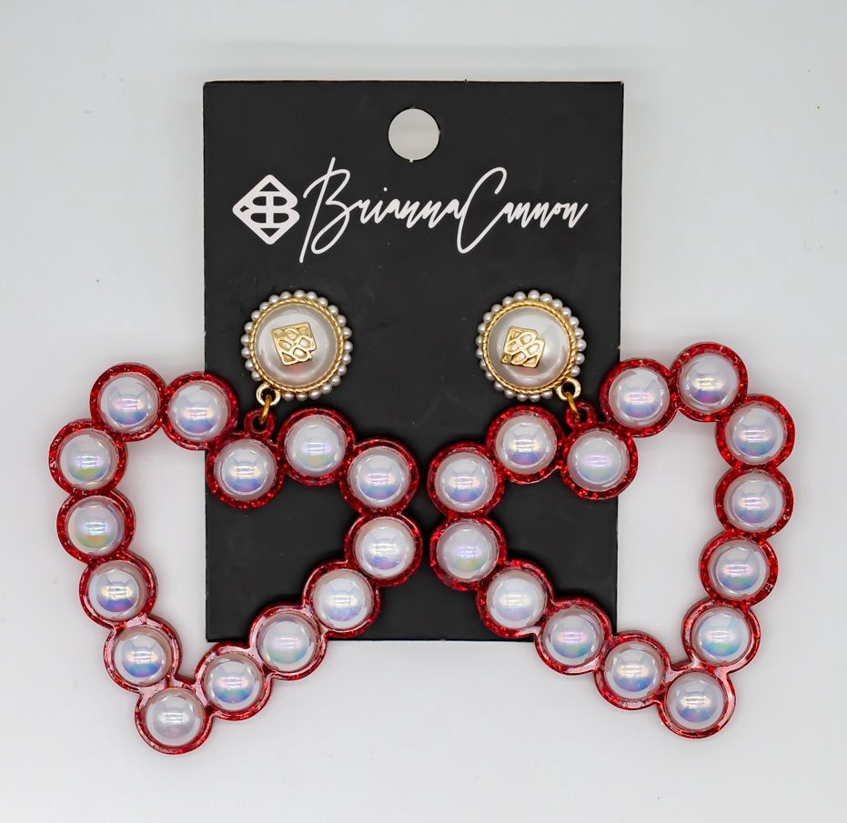 Valentines 2022 -Red Glitter Jumbo Pearl Heart Earrings with White Resin Pearls