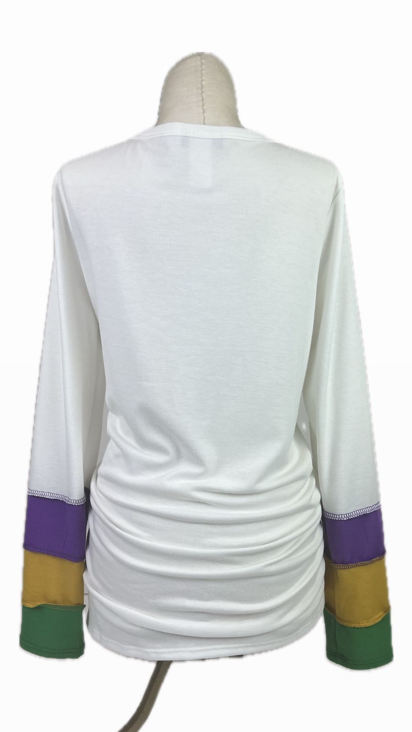 Mardi Gras Color Block Long Sleeve White Top, Size: Small