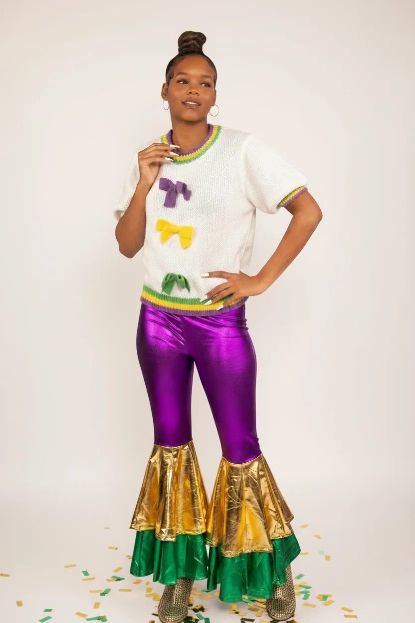Mommy Mardi Gras Double Bell Bottom Metallic Leggings, Size: Small