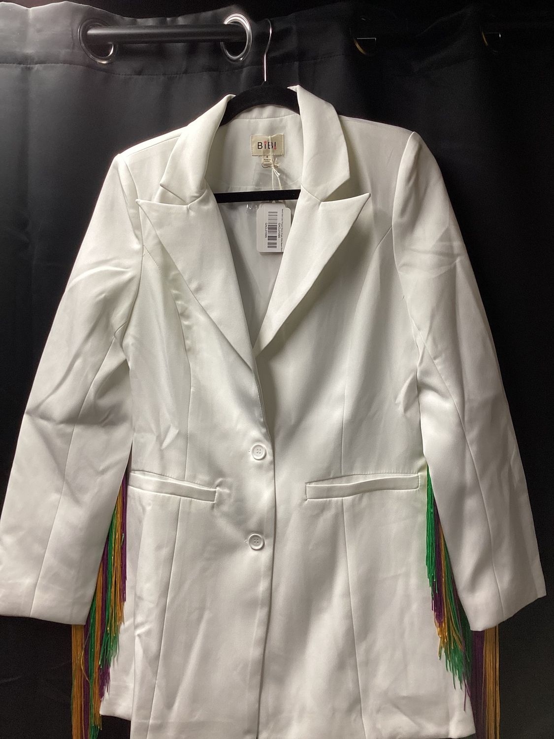Mardi Gras Color Fringed Sleeve Single White Blazer, Size: Small