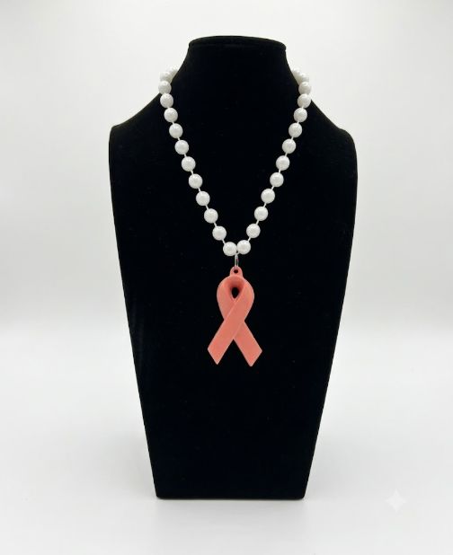 33" 10mm Pearl White MOT Bead with Pink Ribbon (Each)