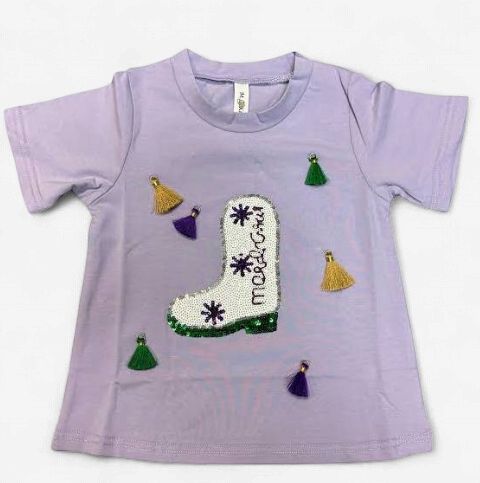 Kids 3D SEQUIN MARDI GRAS BOOT SHORT SLEEVE LAVENDER T-SHIRT