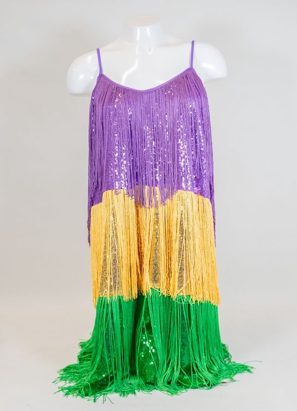 Mardi Gras Tiered Sequin Dress With Fringe