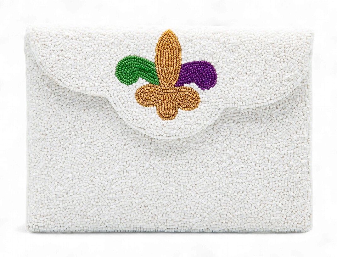 White Beaded Bag W/ Fleur de Lis