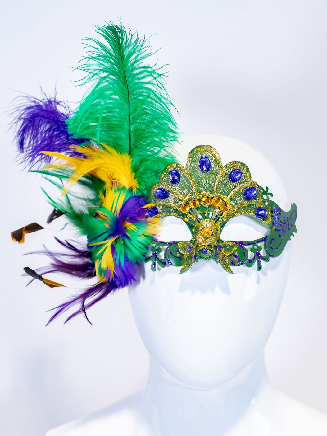 Lace Jeweled Eye Mask W/ Side Feathers