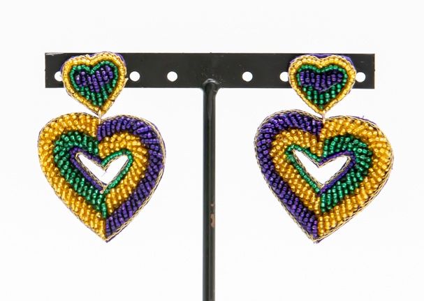 Mardi Heart Beaded Earrings Purple/Green/Yellow 2.25"