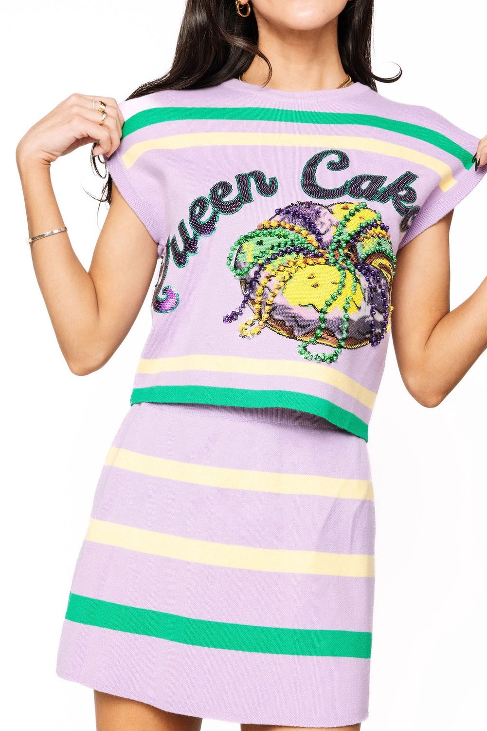LAVENDER, GREEN &amp; YELLOW 'QUEEN CAKE' STRIPED TOP