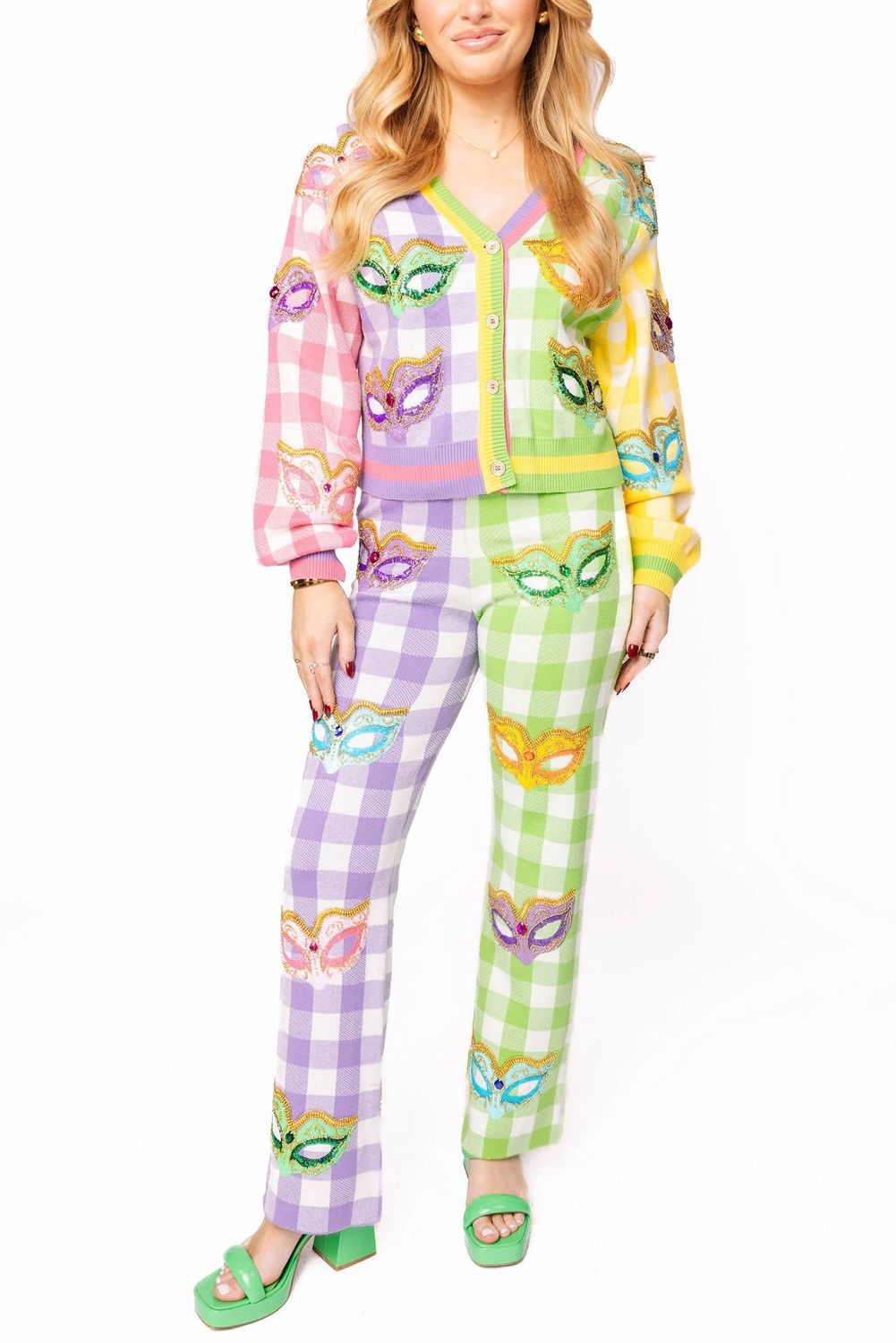 COLORBLOCK PASTEL GINGHAM MARDI GRAS MASK BUTTON UP CARDIGAN