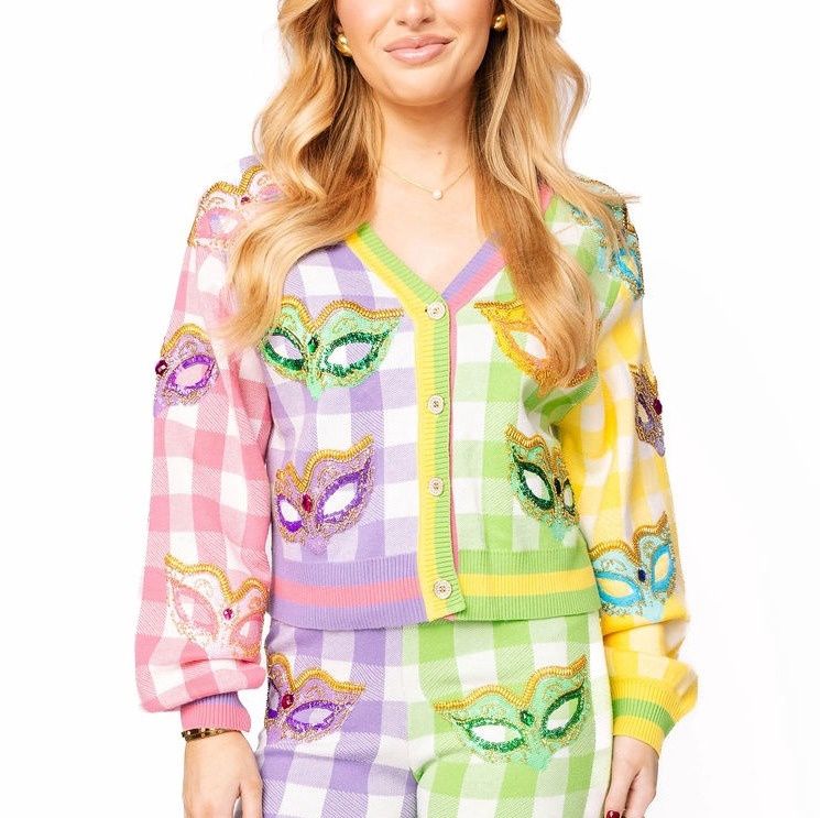 COLORBLOCK PASTEL GINGHAM MARDI GRAS MASK BUTTON UP CARDIGAN