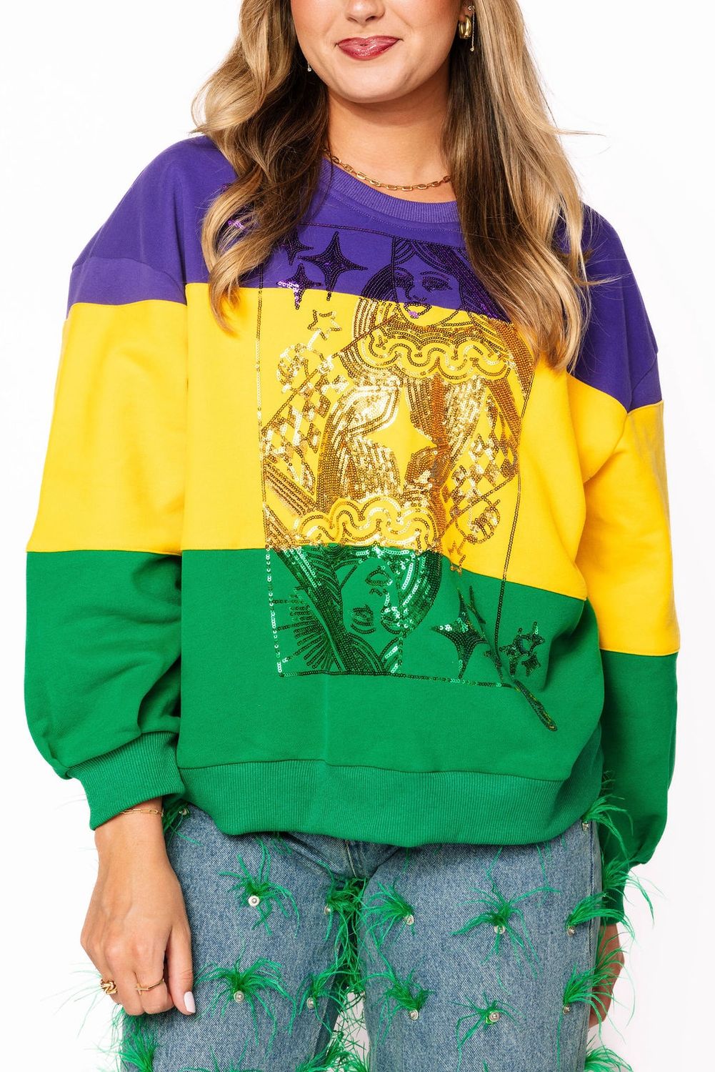 PURPLE, YELLOW &amp; GREEN STRIPED QUEEN CARD SWEATSHIRT