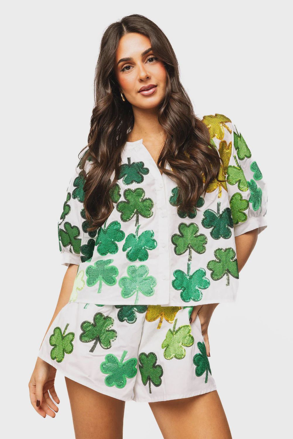 WHITE &amp; GREEN RHINESTONE SHAMROCK COTTON SHORT