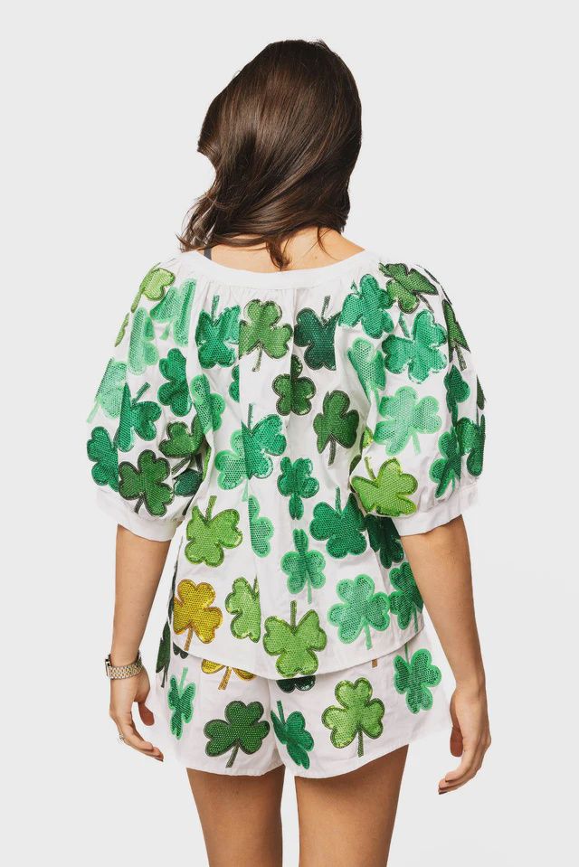 WHITE &amp; GREEN RHINESTONE SHAMROCK COTTON SHORT