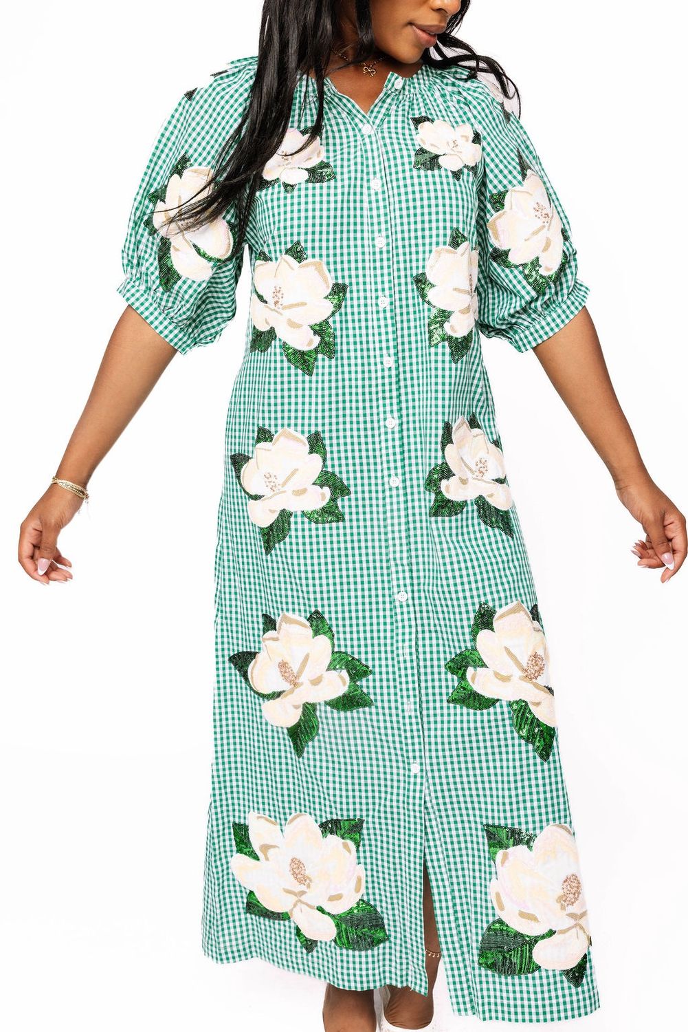 GREEN &amp; WHITE GINGHAM MAGNOLIA BUTTON UP COTTON MIDI DRESS