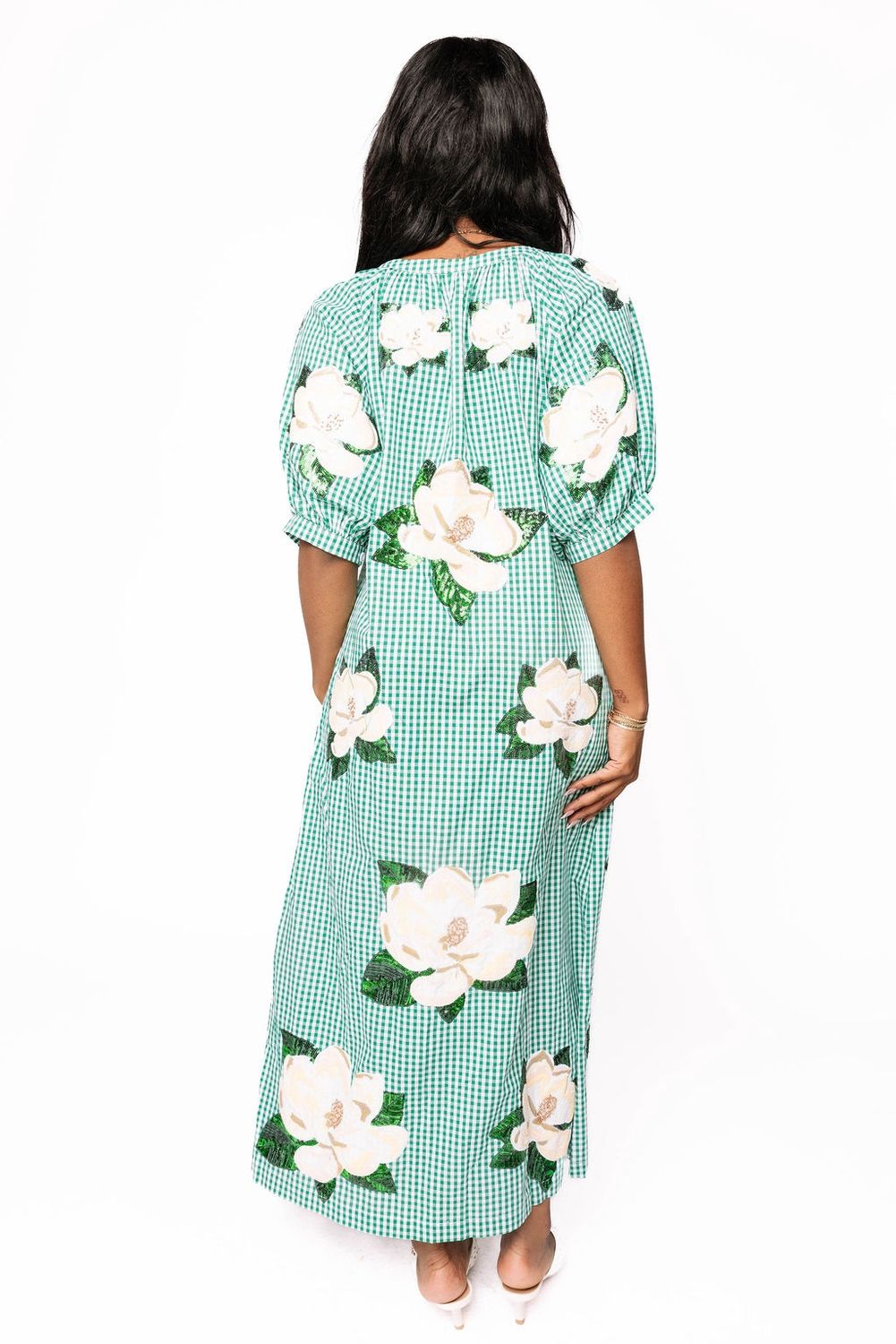 GREEN &amp; WHITE GINGHAM MAGNOLIA BUTTON UP COTTON MIDI DRESS