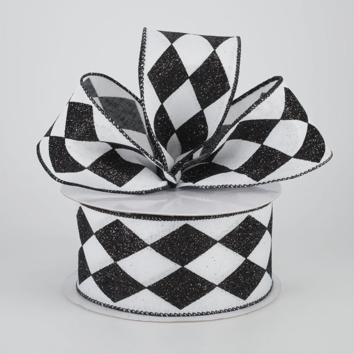 2" Glitter Harlequin Ribbon: Black &amp; White (10 Yards)
