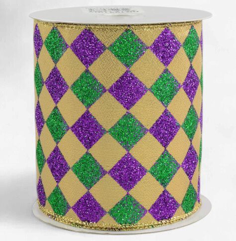 4" Harlequin Glitter Diamond Ribbon: Purple, Green &amp; Gold (10 Yards)