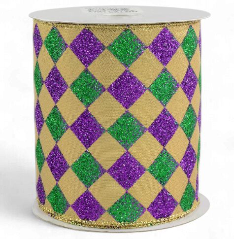 4" Harlequin Glitter Diamond Ribbon: Purple, Green &amp; Gold (10 Yards)