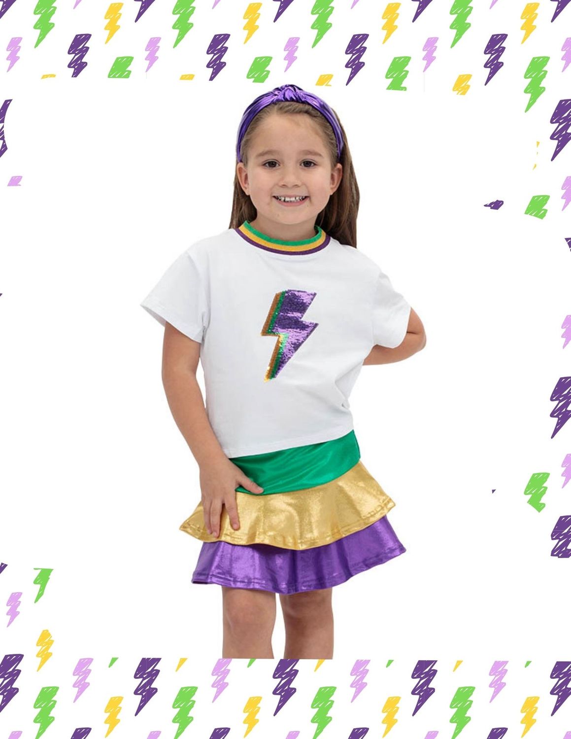 Mardi Gras Lightning Bolt Sequin on White Ringer Boxy
