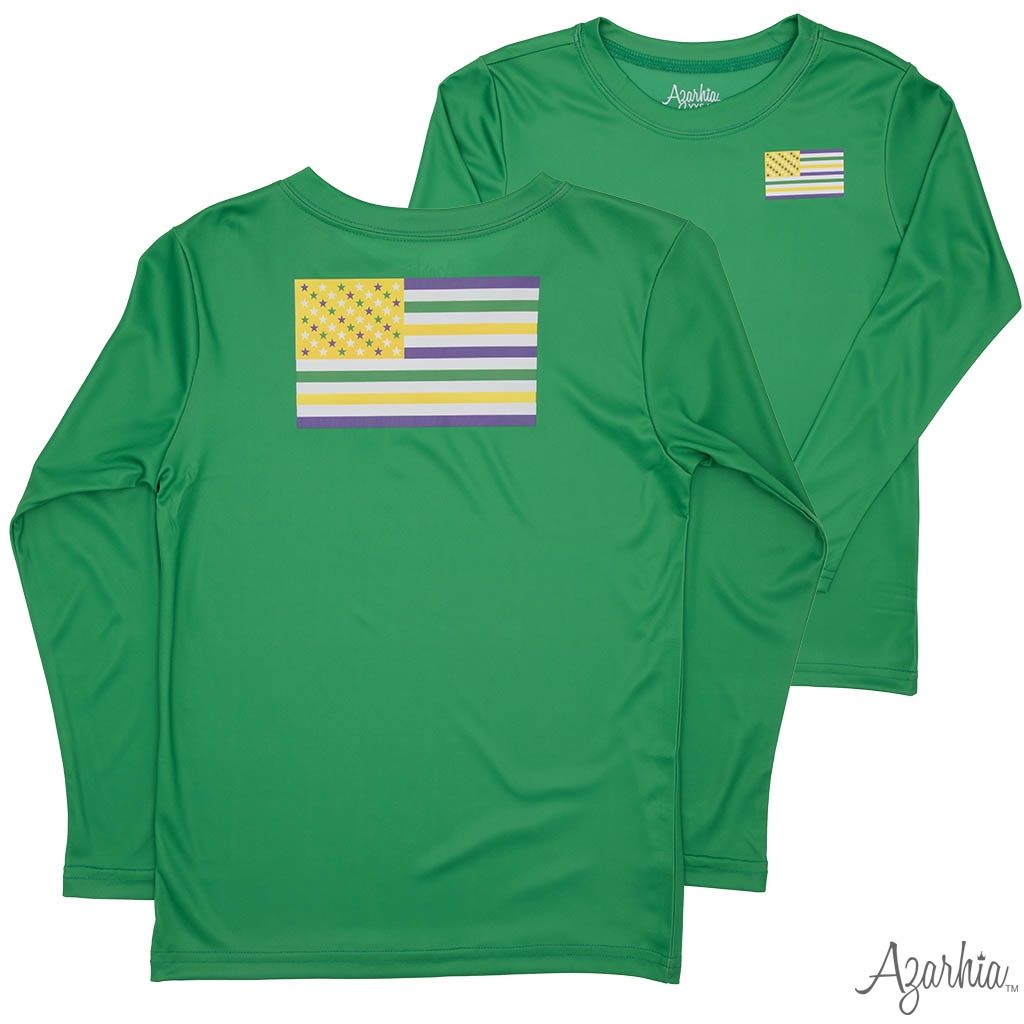 Mardi Gras American Flag Green LS Drifit