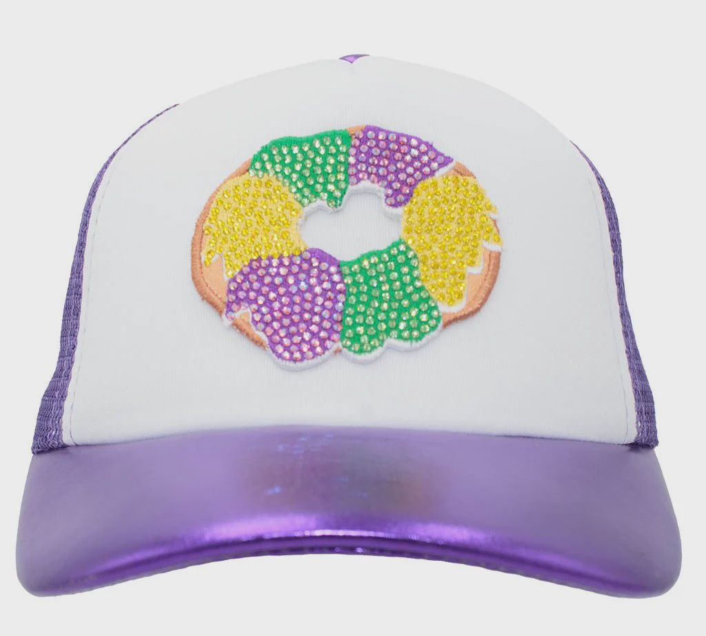 King Cake Rhinestone on Metallic Purple Trucker Youth in Mardi G