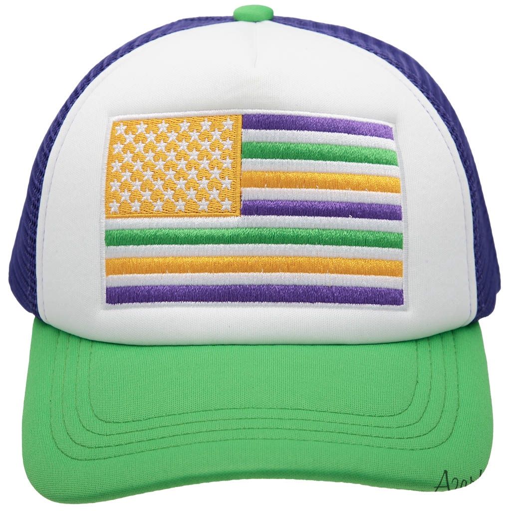 Mardi Gras Embroidered American Flag Green Purple Trucker