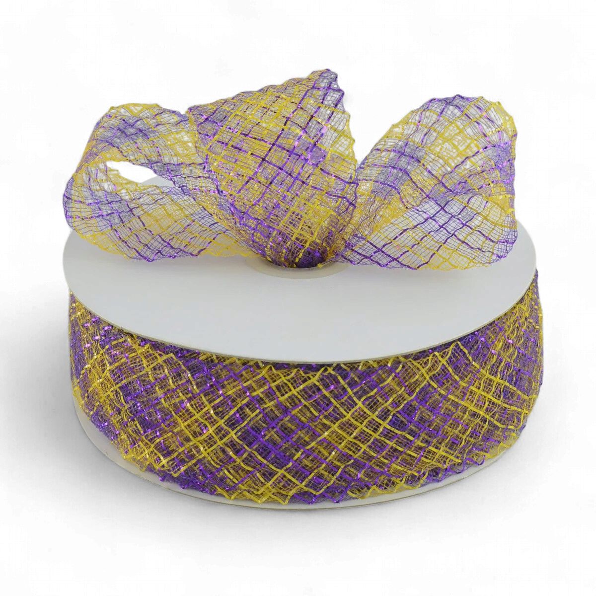 1.5" Deco Flex Mesh Ribbon: Purple/Gold Plaid (30 Yards)