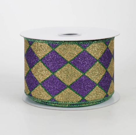 2.5" Harlequin Glitter Diamond Ribbon: Purple, Green &amp; Gold (10 Yards)