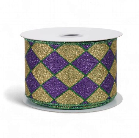 2.5" Harlequin Glitter Diamond Ribbon: Purple, Green &amp; Gold (10 Yards)