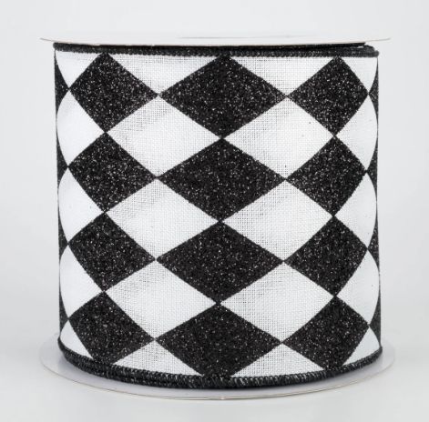 4" Glitter Harlequin Ribbon: Black &amp; White (10 Yards)