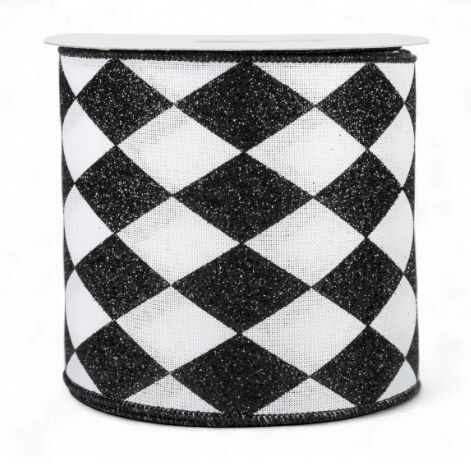 4" Glitter Harlequin Ribbon: Black &amp; White (10 Yards)