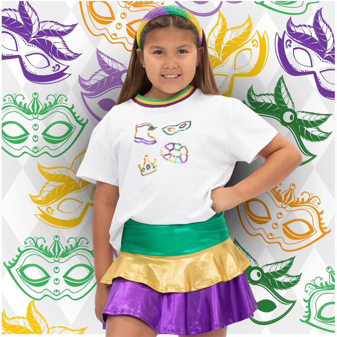 Mardi Gras Elements in sequin on White Boxy