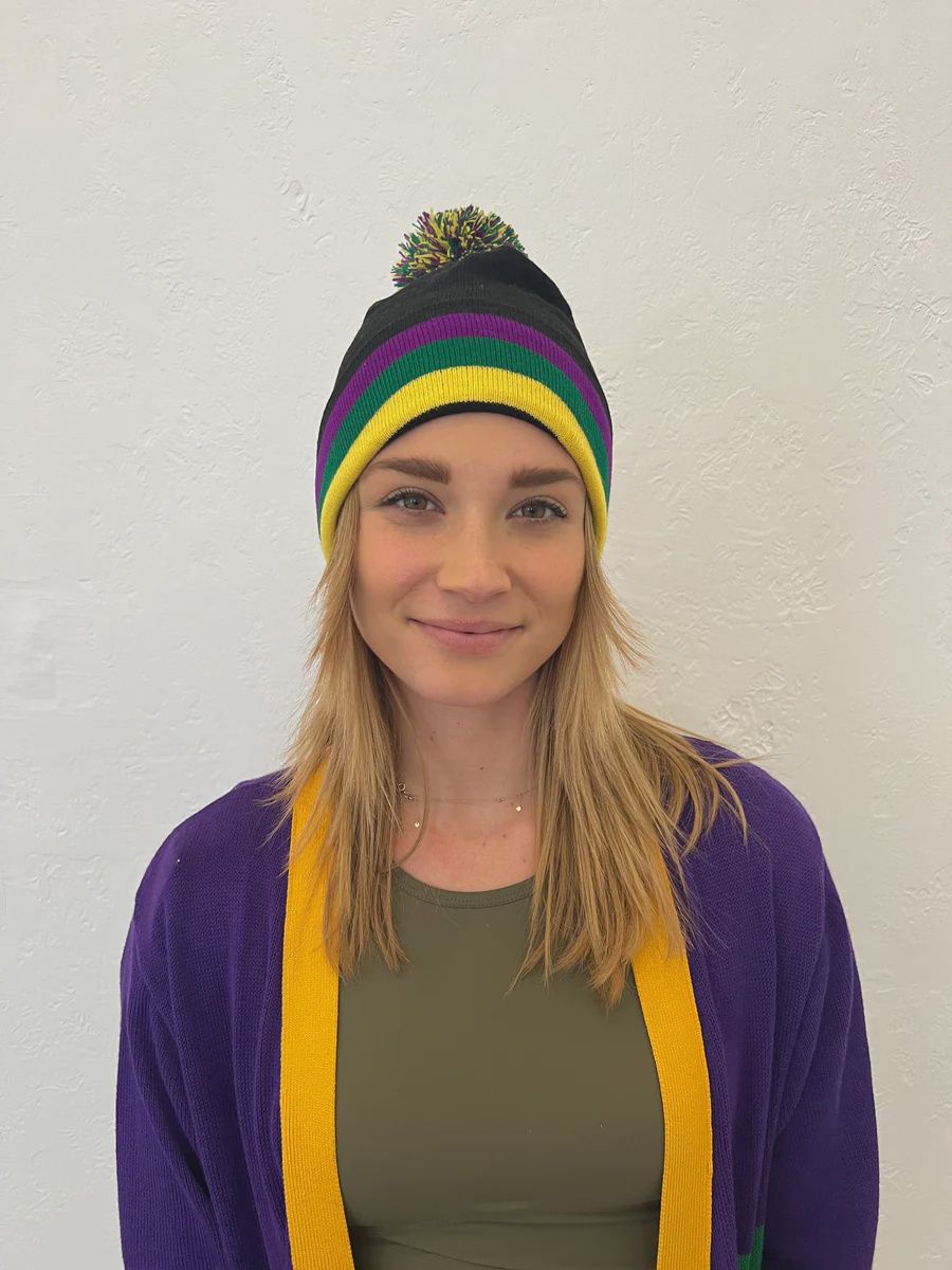 BEANIE W/POM BLACK STRIPE