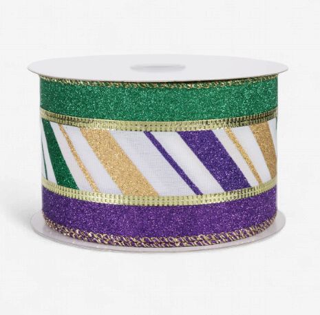 2.5" Diagonal Stripes Glitter Edge Ribbon: Mardi Gras (10 Yards)