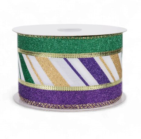 2.5" Diagonal Stripes Glitter Edge Ribbon: Mardi Gras (10 Yards)