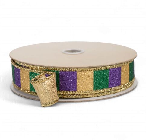 7/8" Double Sided Fused Glitter Stripes Ribbon: Mardi Gras (10 Yards)