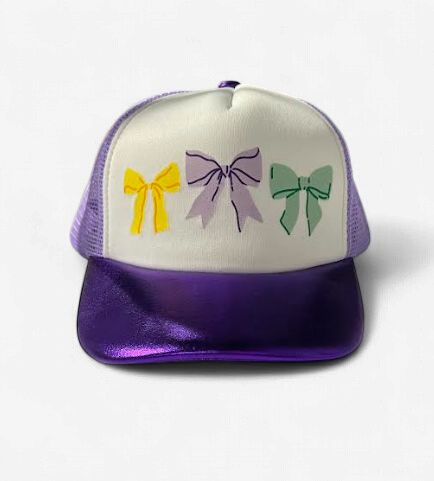 Mardi Gras 3 Bows on Metallic Purple Trucker Youth