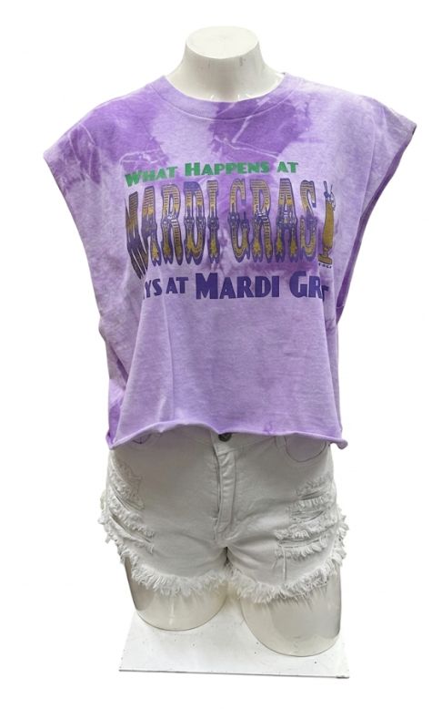 What Happens at Mardi Gras Short Sleeve Purple Tie Dye Crop Top