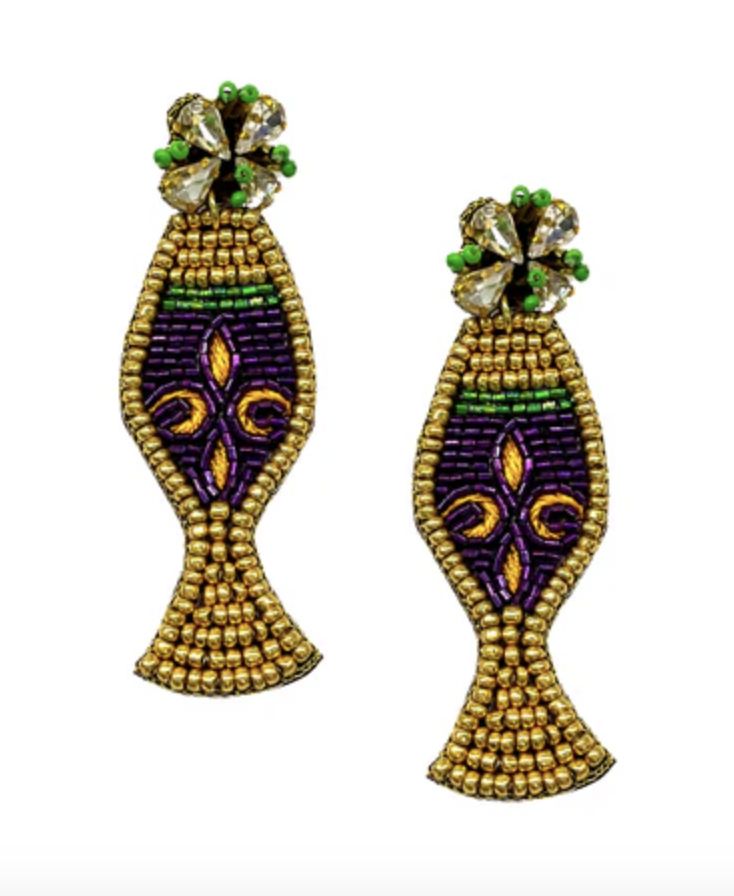 Mardi Gras Wine Glass with Embellishment Earrings (Pair)