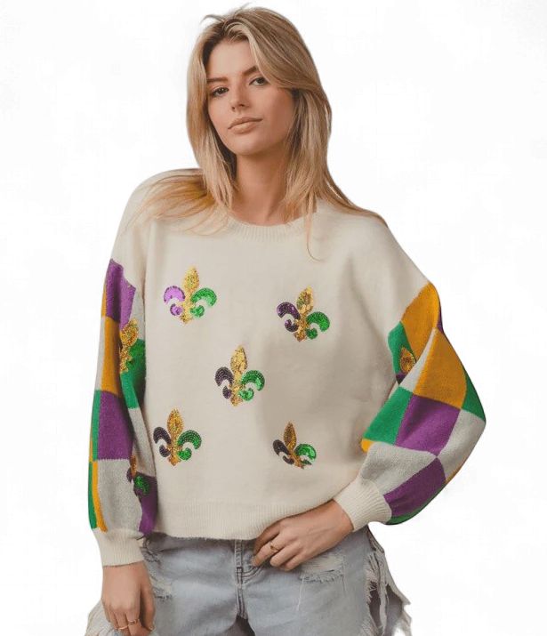 Ivory Mardi Gras Sequin Checkered Short Sleeve Sweater