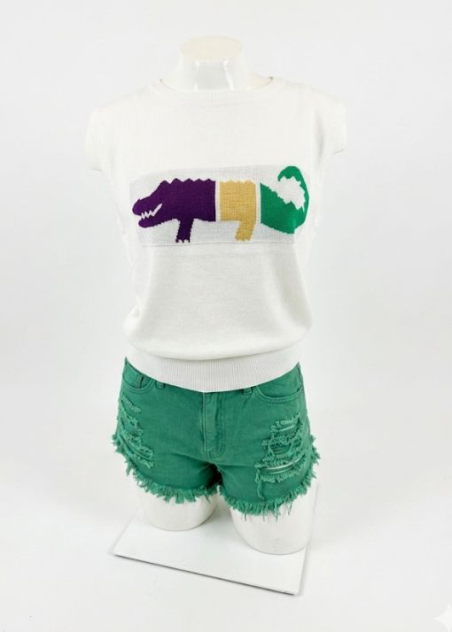 Ivory Mardi Gras Color Block Alligator Sweater Tank Top