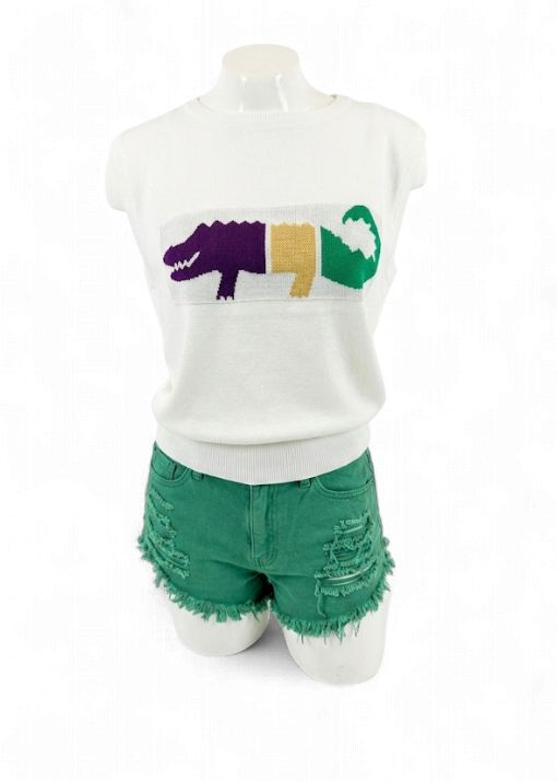 Ivory Mardi Gras Color Block Alligator Sweater Tank Top