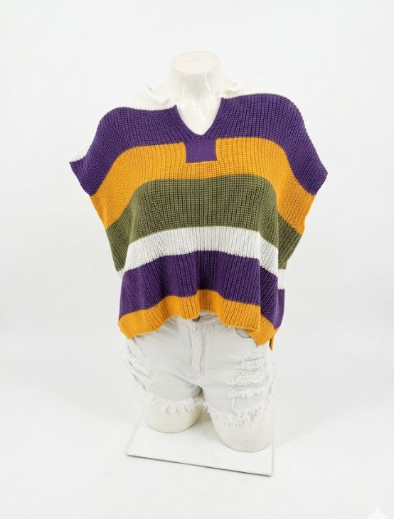 Mardi Gras Striped Dolman Short Sleeve Sweater
