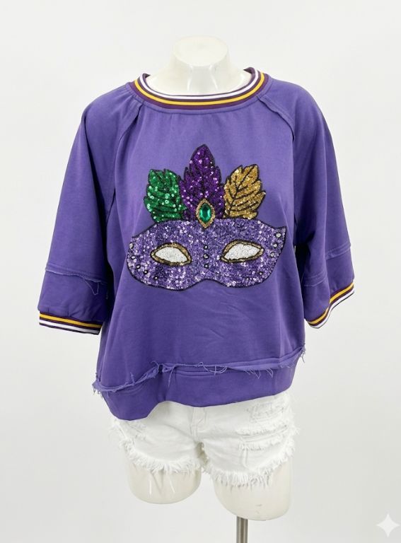 Purple Mardi Gras Sequin Mask Sweater Short Sleeve Top