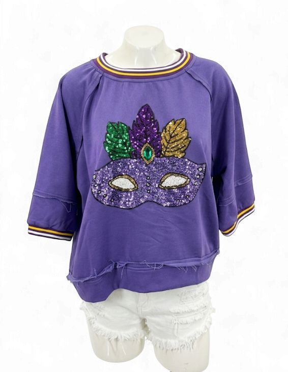 Purple Mardi Gras Sequin Mask Sweater Short Sleeve Top