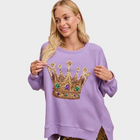 MG SEQUIN CROWN WAFFLE KNIT LS SWEATER