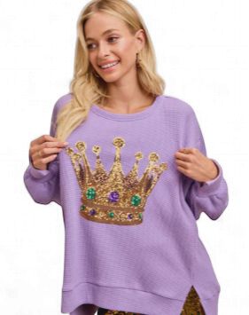 Lavender Mardi Gras Sequin Crown Waffle Knit Long Sleeve Sweater
