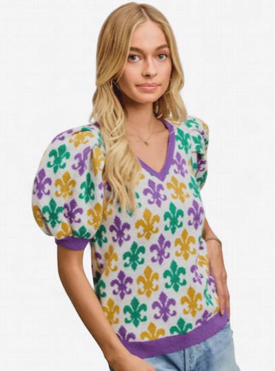 Light Purple Mardi Gras Sequin Fleur de Lis V Neck Blouse