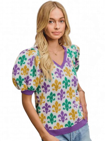 Light Purple Mardi Gras Sequin Fleur de Lis V Neck Blouse