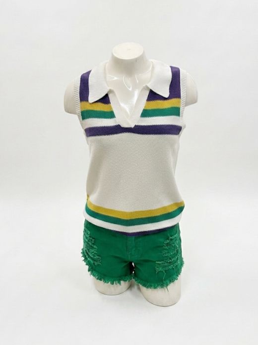 Ivory Mardi Gras Striped Polo Sleeveless Sweater